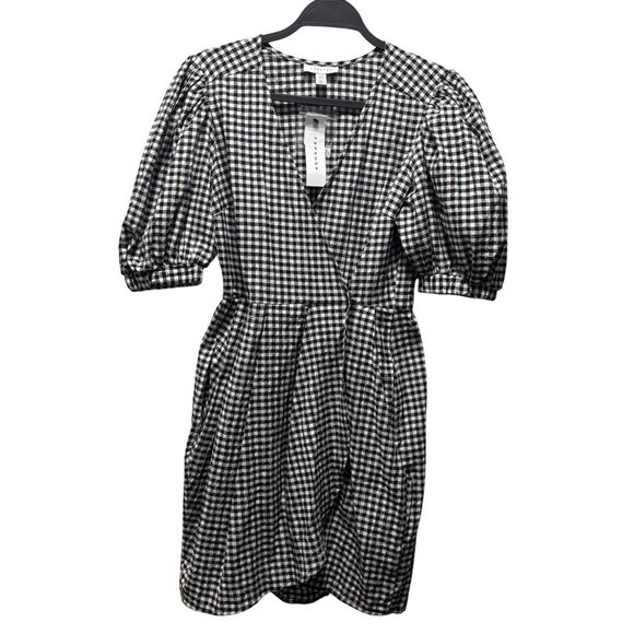 Topshop Black & White Gingham Puff Sleeve Wrap Mini Dress Size 6 - Picture 3 of 7